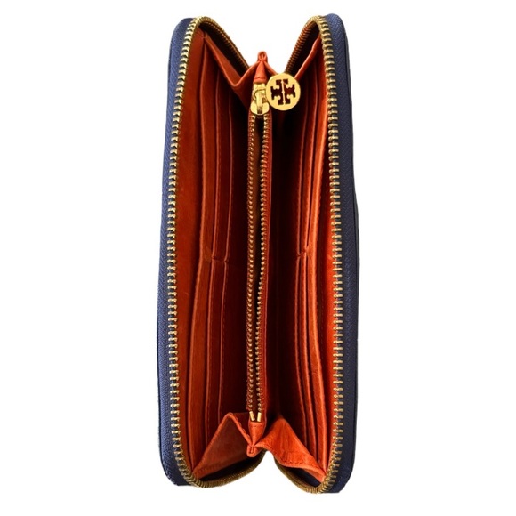 Tory Burch Robinson Zip Around Wallet Saffiano Cobalt Blue/Equestrian Orange - Picture 3 of 3